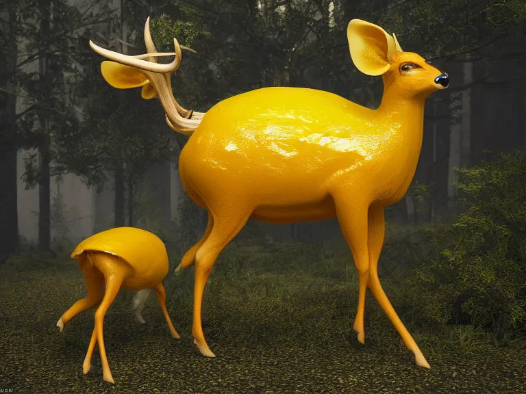 Image similar to A bubalope is a mutant deer with large yellow translucent leather sacks growing on its back. Concept art, octane render, extremely high detail, detail, hyperrealism, cinematic, 8k, depth of field
