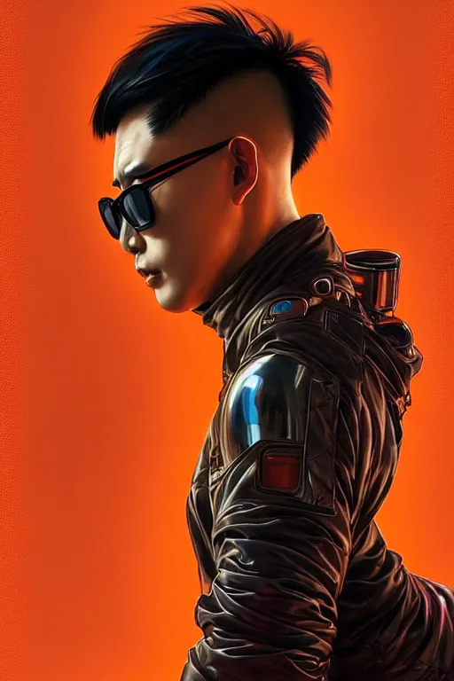 Prompt: an east asian man with short black hair, broad shoulders, thick round spectacles, wearing a bright orange bomber jacket, seductive cyberpunk dark fantasy, art by artgerm and karol bak and moebius and alphonse mucha and greg rutkowski, hyperdetailed, ultrarealistic, octane render