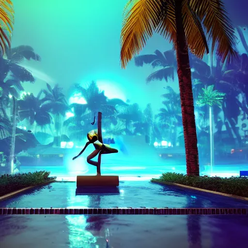 Image similar to a photograph of a broken statue in a surreal underground swimming pool surrounded by palm trees water and neon lights, vaporwave, unreal engine, octane render, dramatic lighting, volumetric lighting, neon lighting, ultra detailed, photorealistic