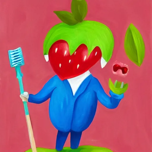 Image similar to a cute strawberry with two front teeth, holding a yellow toothbrush, in the style of debbie criswell