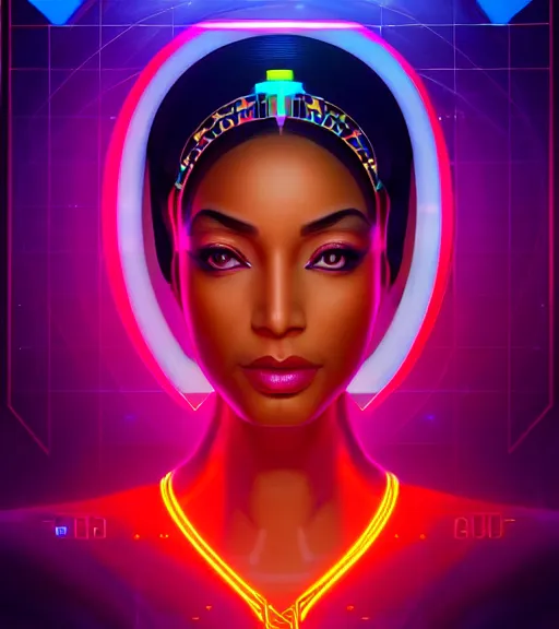 Image similar to symmetry!! egyptian queen of technology, solid cube of light, hard edges, product render retro - futuristic poster scifi, lasers and neon circuits, brown skin beautiful egyptian, queen, intricate, elegant, highly detailed, digital painting, artstation, concept art, smooth, sharp focus, illustration, dreamlike, art by artgerm