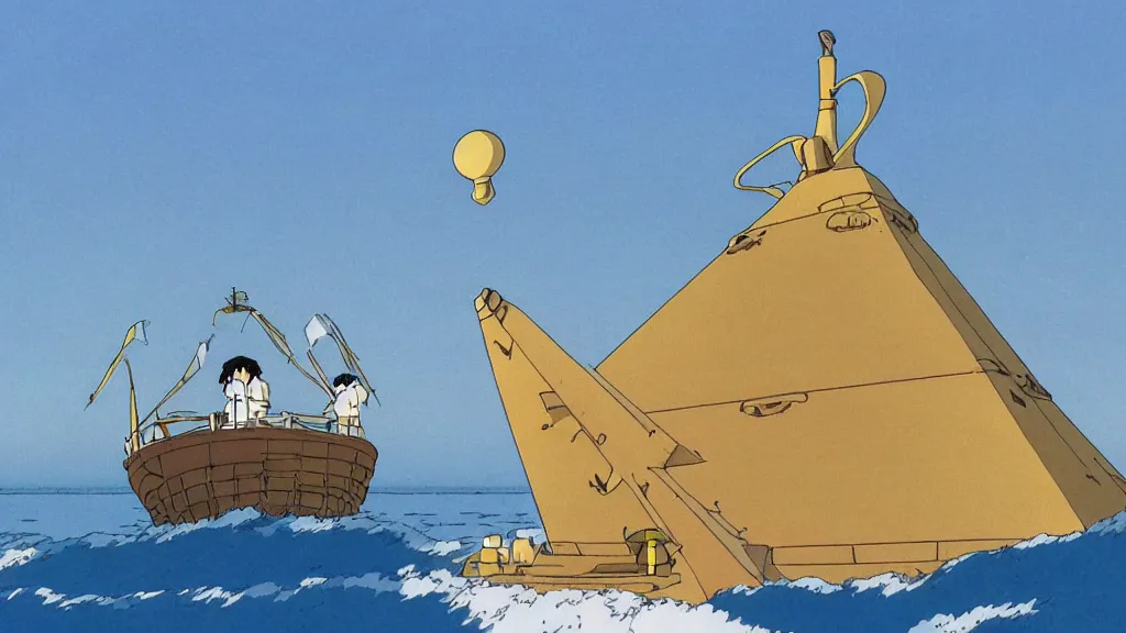 Prompt: a movie still from a studio ghibli film showing a large white pyramid and a golden ufo in the middle of the ocean. by studio ghibli