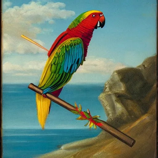 Prompt: A parrot carrying a Sceptre over the ocean, sunny day, closup