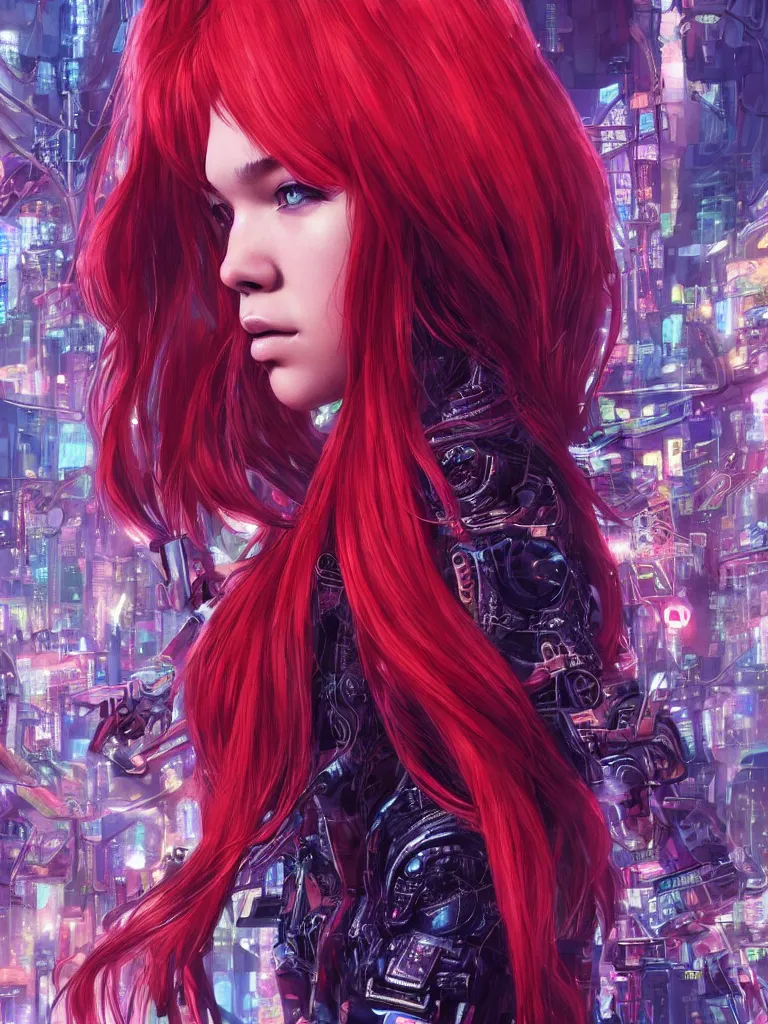 Prompt: Hailee Steinfeld with red hair in 1970's fashion, cyberpunk background, intricate, highly detailed, digital painting, artstation, official media, anime key visual, concept art, rich vivid colors, ambient lighting, sharp focus, illustration, art by Ayami Kojima and Hsiao-Ron Cheng