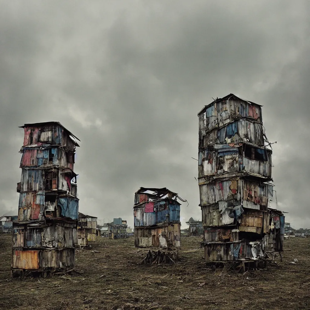 Prompt: two towers, made up of makeshift squatter shacks with faded colours in philippines, moody cloudy sky, uneven fog, dystopia, mamiya, f 1 1, fully frontal view, photographed by jeanette hagglund