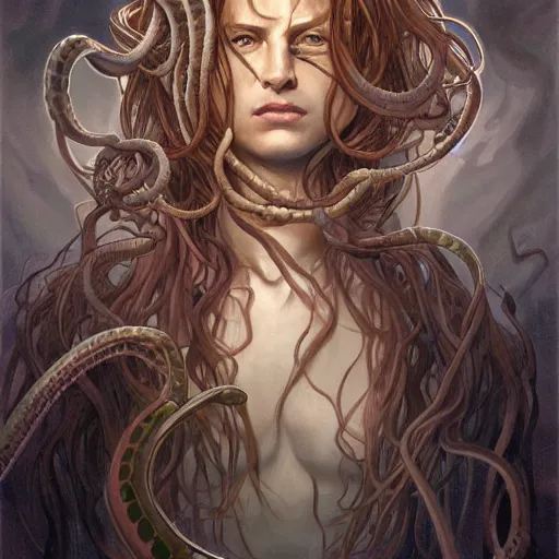 Image similar to male medusa, highly detailed, digital painting, bloody eyes, snakes, white skin, artstation, concept art, smooth, sharp focus, illustration, art by artgerm and greg rutkowski and alphonse mucha