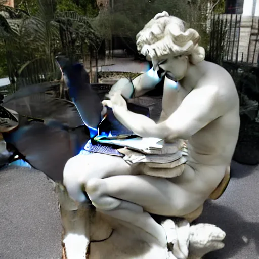 Image similar to a marble statue having trouble working on his laptop