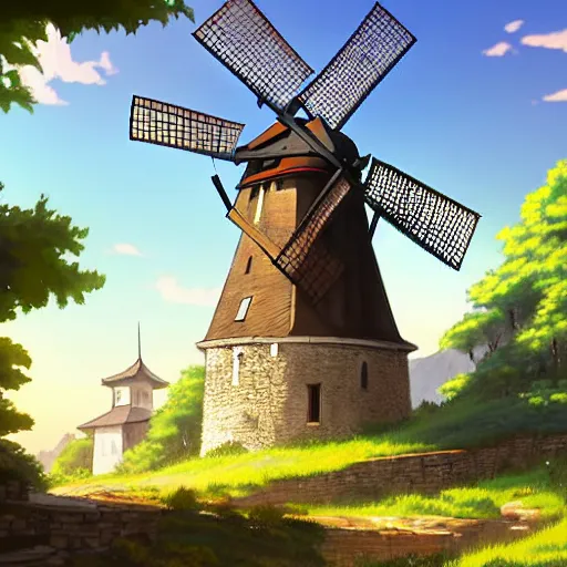 Image similar to concept art painting of a historic windmill with european and japanese architecture, in a small medieval village surrounded by trees, in a mountain valley, realistic, detailed, cel shaded, in the style of makoto shinkai and greg rutkowski and james gurney