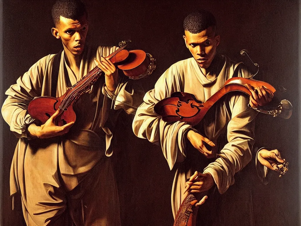 Image similar to a masterpiece portrait of stromae as a bard with a mandolin by caravaggio, epic composition, exquisite details, dark mood,