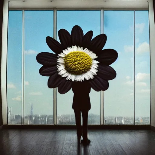 Prompt: giant daisy flower head, woman in suit, standing next to modern window in luxury loft, surreal photography, sunlight, impressionist painting, digital painting, artstation, simon stalenhag