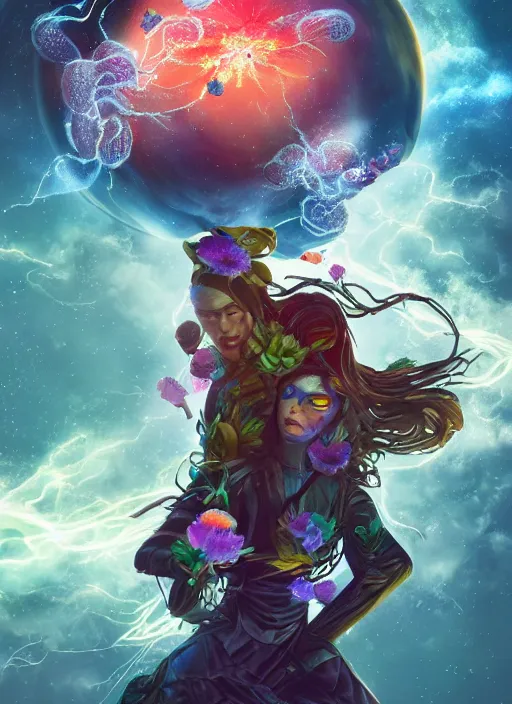 Image similar to An epic fantastic realism comic book style painting of the most beautiful entwined flowers launched across the galaxy, floating bouquets, fisheye, lightning creating life, unreal 5, DAZ, hyperrealistic, octane render, dynamic lighting