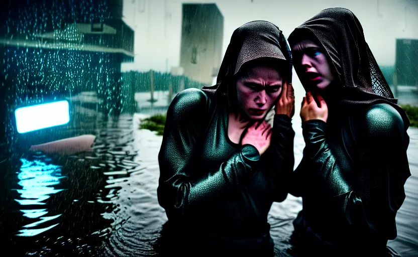 Image similar to cinestill 5 0 d candid photographic portrait by steve mccurry of two loving female androids sobbing wearing rugged black mesh techwear in treacherous waters, flooded city, medium closeup, retrofuturism cyberpunk moody emotional cinematic, pouring iridescent rain bright spotlight helicopter, 8 k, hd, high resolution, 3 5 mm, f / 3 2, ultra realistic faces, ex machina