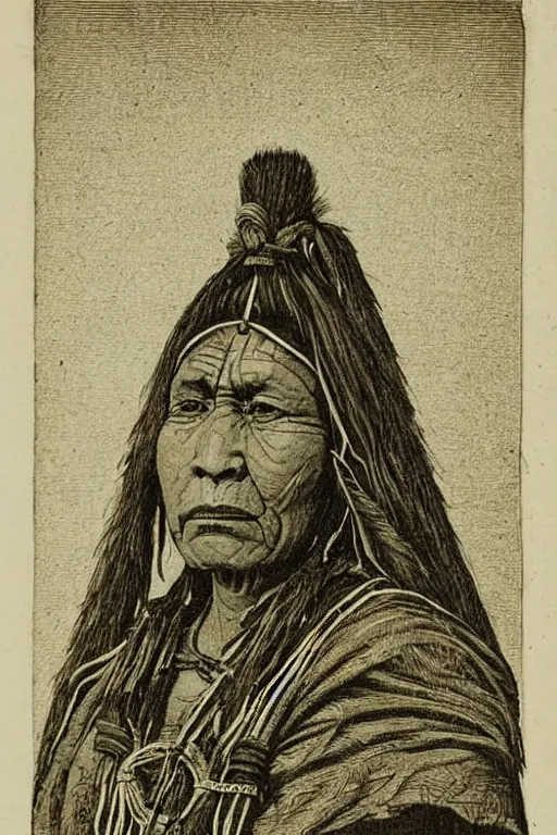 Image similar to “19th century wood engraving of a Native American indian woman, portrait, Nanye-hi Beloved Woman of the Cherokee, wearing a papoose showing pain and sadness on her face, ancient”