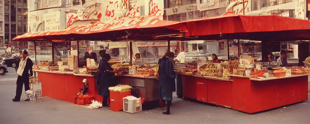 Image similar to food stand selling spaghetti, in downtown nyc, kodachrome, in the style of wes anderson, retro