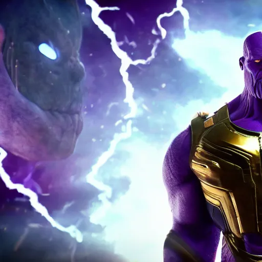 Prompt: thanos being rick rolled by the avengers in 4 k, high detail, realistic