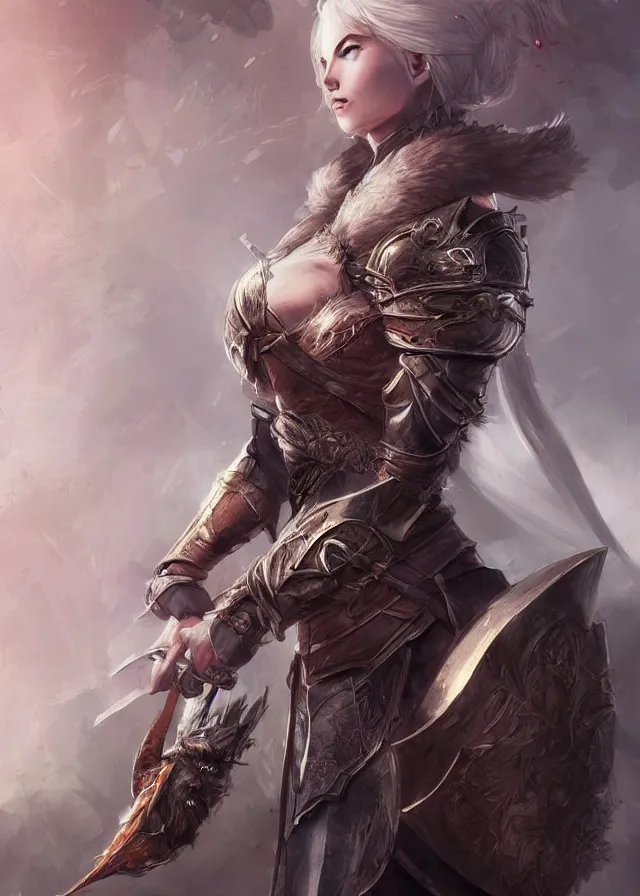 Prompt: a beautiful hyper realistic detailed epic concept art showing a noble knight women with her raccoon gardian above her, by artgerm, charlie bowater, in the style of dragon age, featured on artstation