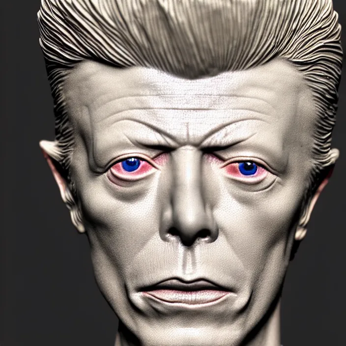 Image similar to David Bowie , A Close up photo-real delicate ceramic porcelain sculpture of a symmetrical ornate detailed in front of an intricate background by Victo Ngai and takato yamamoto, micro detail, backlit lighting, face in focus, subsurface scattering, translucent, thin porcelain, octane renderer, colorful, physically based rendering, japanese pottery, trending on cgsociety