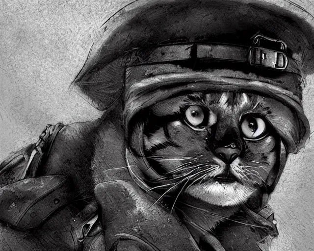 Prompt: A soldier cat in world war one, close-up, black and white, amazing digital art, hyper detailed, artstation, in the style of Tony Sart