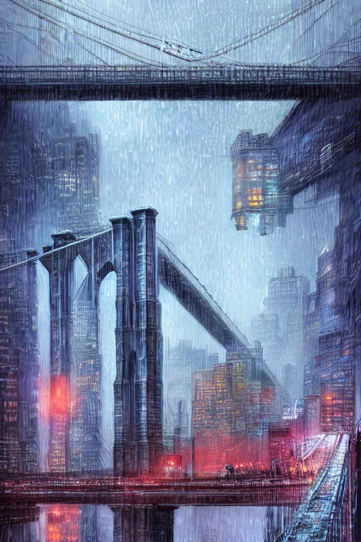 Prompt: beautiful digital illustration Brooklyn Bridge in the rain cyberpunk by Marc Simonetti