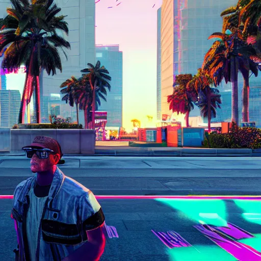 Prompt: vaporwave cyberpunk photorealistic grand theft auto 5