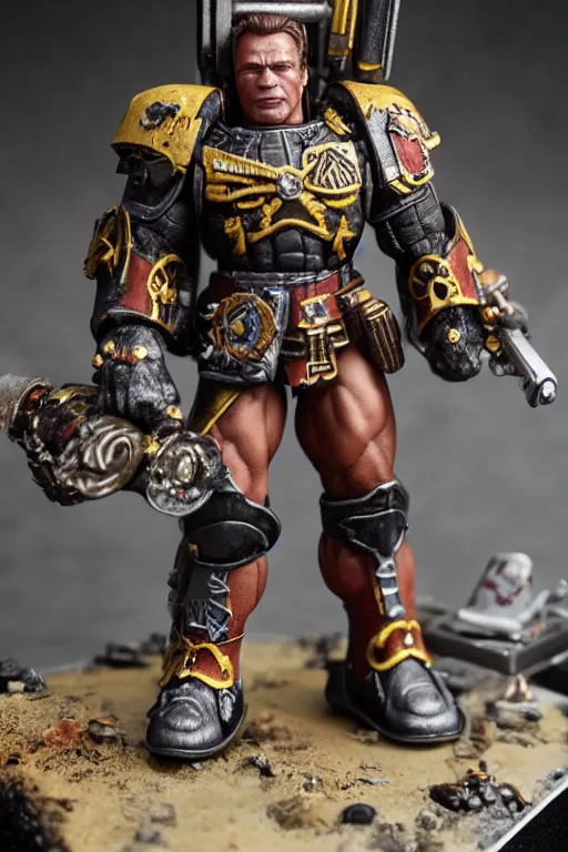 Prompt: arnold schwarzenegger Warhammer 40k Figure, studio photograph, diorama, games workshop, artstation, pinterest, 8k, sigma 75mm