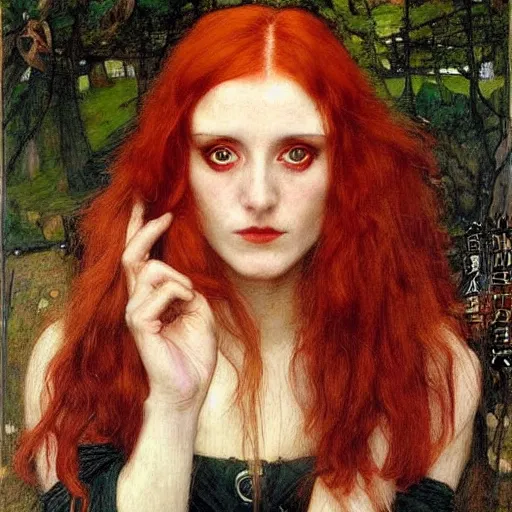 Image similar to A striking Pre-Raphaelite witch with intense eyes and bright red hair, by John Collier, by John William Waterhouse