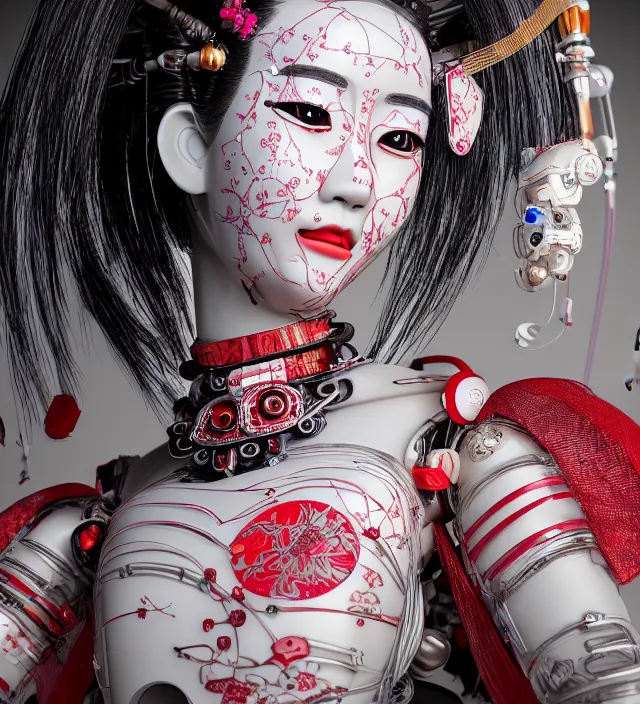 Image similar to portrait of a beautiful japanese robotic geisha with wires and actuators and kanji tattoos and decals, dramatic lighting, hyper - realistic, ultra - realistic, intricate details, japanese model, 8 k ultra high definition, octane render