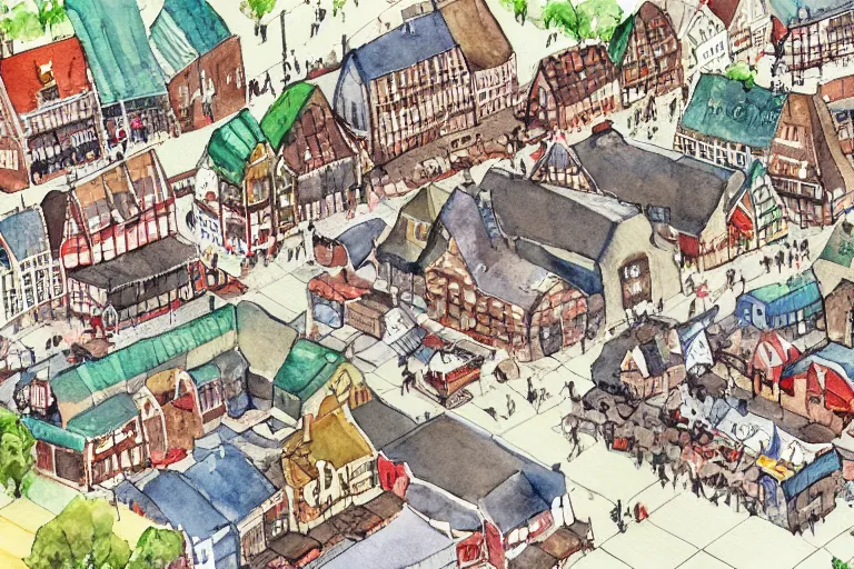 Prompt: the town square of a typical dutch town, cristmass market, isometric aerial watercolor by anton pick. very detailed, whimsical, wimmelbild