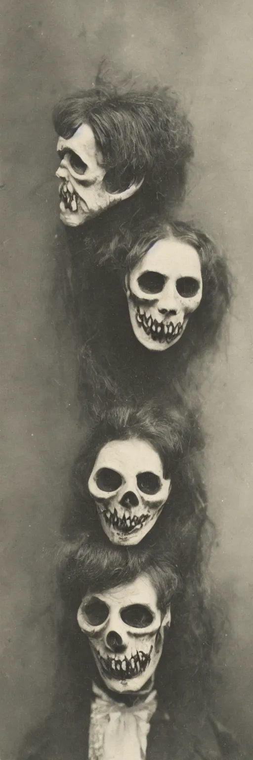 Image similar to a head and shoulders portrait photograph of a victorian wearing a scary vintage halloween mask, 1 9 0 0 s picture