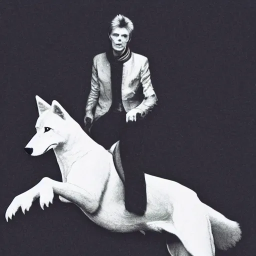 Image similar to david bowie riding a wolf forest ((over a rock)), dark lighting