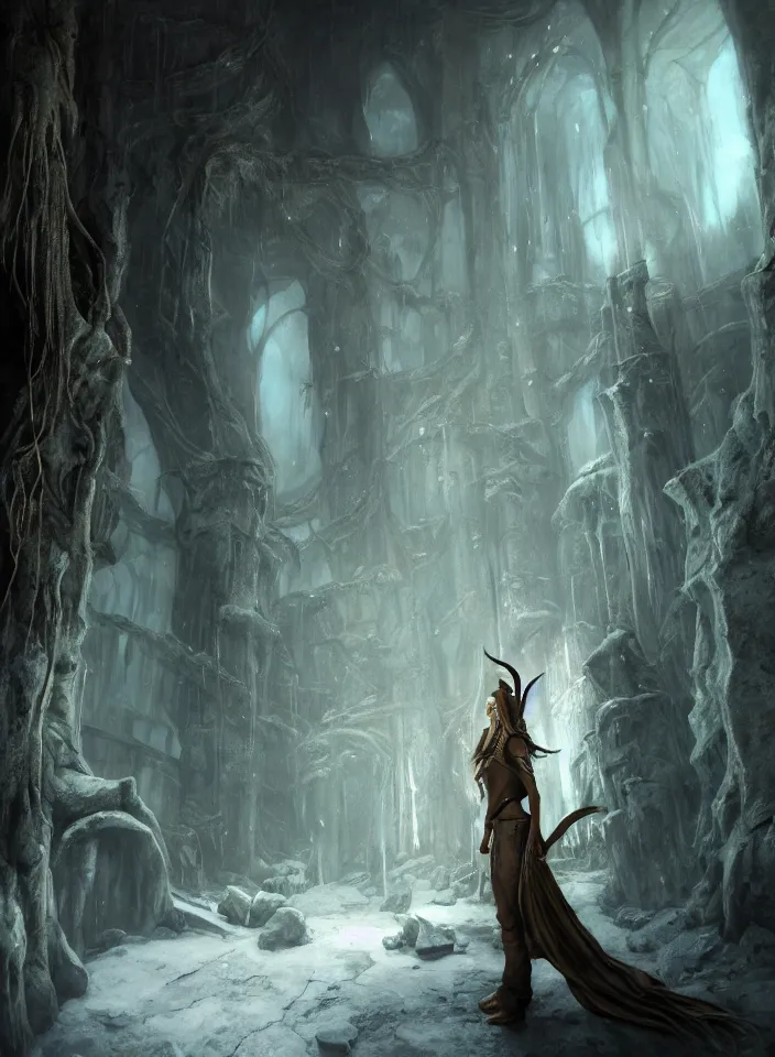 Prompt: a portrait of an elven sorceress exploring an abandoned dwemer dungeon from skyrim, fantasy setting, cold environment, serene colors, soft lighting, atmospheric, cinematic, moody, in the style of diego koi, gina heyer, luiz escanuela, art by alyssa monk, hyperrealism, rule of thirds, golden ratio, oil on canvas, 8 k