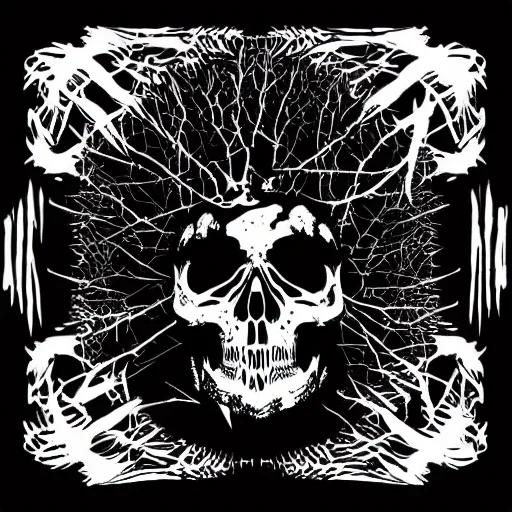 Image similar to dark death metal themed vector illustration for a record label, trees. forest, spikes, skull, microphone, skull, award winning, grunge, iconic, golden ratio