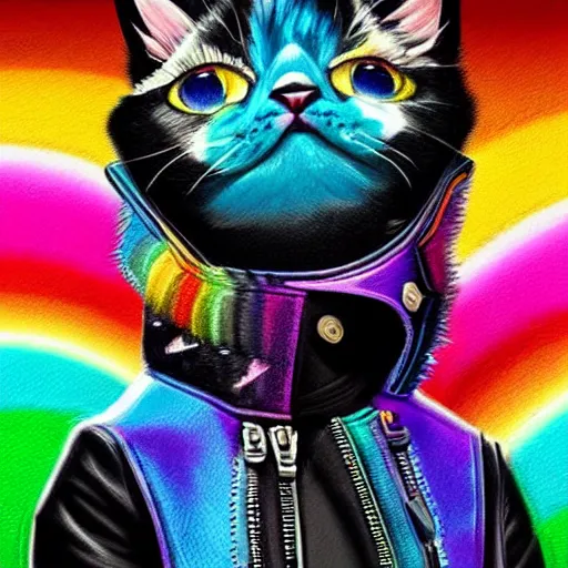 Image similar to wide angle full body, jacket wearing fluffy cute rainbow kitten wearing a black leather motorcycle jacket, concept art