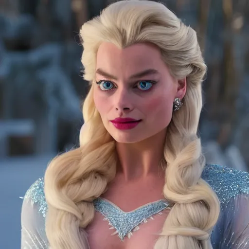 Image similar to Margot Robbie as Elsa in disney frozen live action, 8k full HD photo, cinematic lighting, anatomically correct, oscar award winning, action filled, correct eye placement,