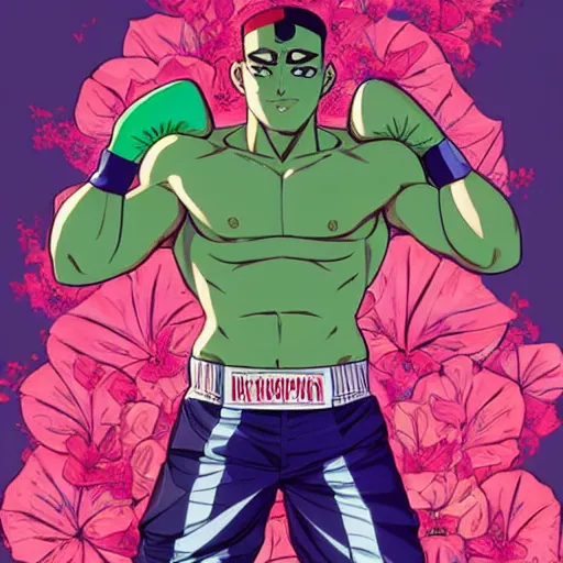 Prompt: handsome boxer, punching, wearing neon boxing shorts, bodybuilder posing, portrait surrounded by hibiscus flowers, jojo cover art, jojo anime style, david production, style of vento aureo cover art, style of stone ocean cover art, style of steel ball run cover art, style of jojolion cover art, ilya kuvshinov style, illustrated by hirohiko araki