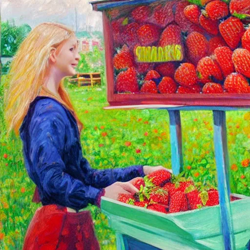 Image similar to Cute Blonde Girl 21 years old with locks sells Strawberries in a fruit stand, the fruit stand is a giant Strawberry, oil on canvas, Impressionism