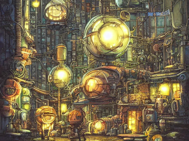 Image similar to fantasycore street view of futuristic machinarium tokyo at night by michael whelan and naomi okubo and dan mumford. cute ver.ka mecha machinarium robots. cel-shaded. glossy painting.