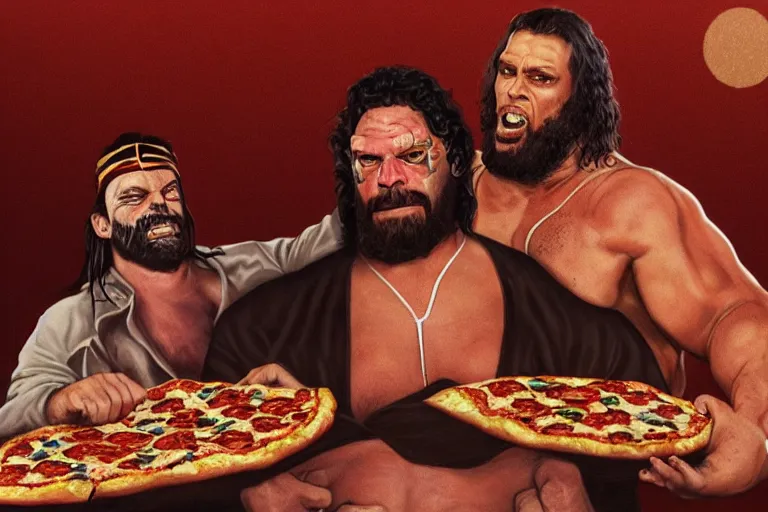 Image similar to andre the giant and macho man randy savage, mega powers, sharing a pizza, at muscle beach, mid 9 0 s, gritty, ethereal details, cinematic lighting, hyper - detailed, maximalist, artstation, 8 k