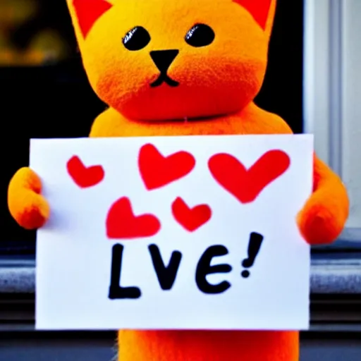 Prompt: cute orange tabby cat holds sign that says