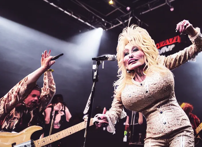 Image similar to photo still of dolly parton at the vans warped tour 2 0 1 8!!!!!!!! at age 3 6 years old 3 6 years of age!!!!!!!! stage diving into the crows, 8 k, 8 5 mm f 1. 8, studio lighting, rim light, right side key light