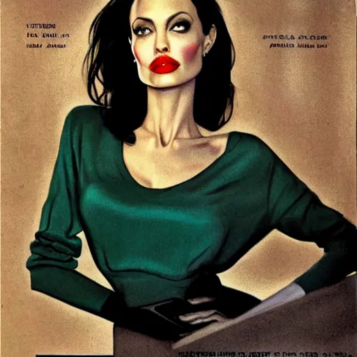 Prompt: Angelina Jolie portrait, color vintage magazine illustration 1950