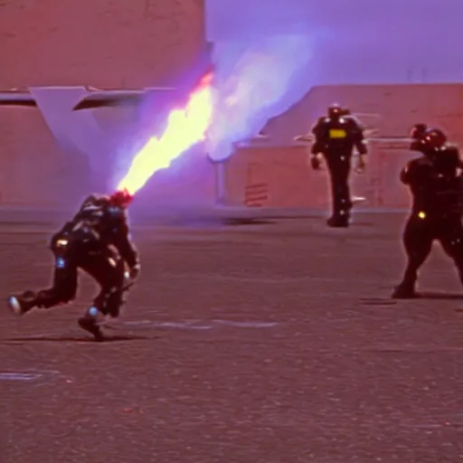 Prompt: film still from the 1995 movie 'Future Ignition'. Exciting action scene. Sigma 85mm f/8