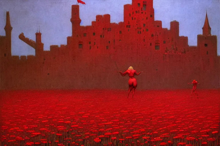 Image similar to only with red, red flowers of different types, a castle in the background, red orcs and trolls dance over the flowers, in the style of beksinski, part by hopper, part by rodcenko, part by hofbauer, intricate composition, red by caravaggio, insanely quality, highly detailed, masterpiece, red light, artstation