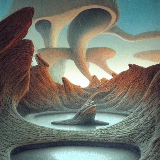 Image similar to artistic digital artwork of an epic natural scene on an alien planet. beautiful landscape by vincent bons, michael whelan, remedios varo and gerardo dottori. grainy and rough. interesting pastel colour palette. beautiful light. oil and water colour based on high quality render.