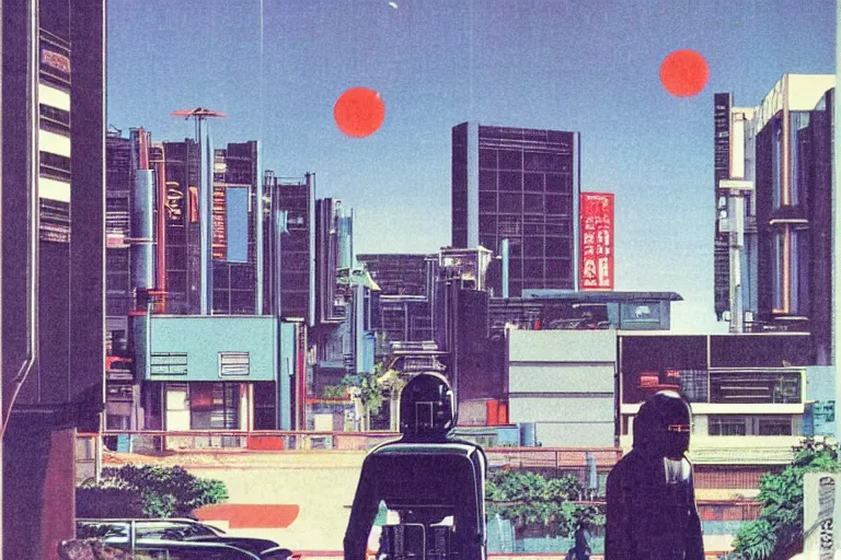 Image similar to 1 9 7 9 omni magazine cover of gated community in osaka. large modern houses. cyberpunk style by vincent di fate