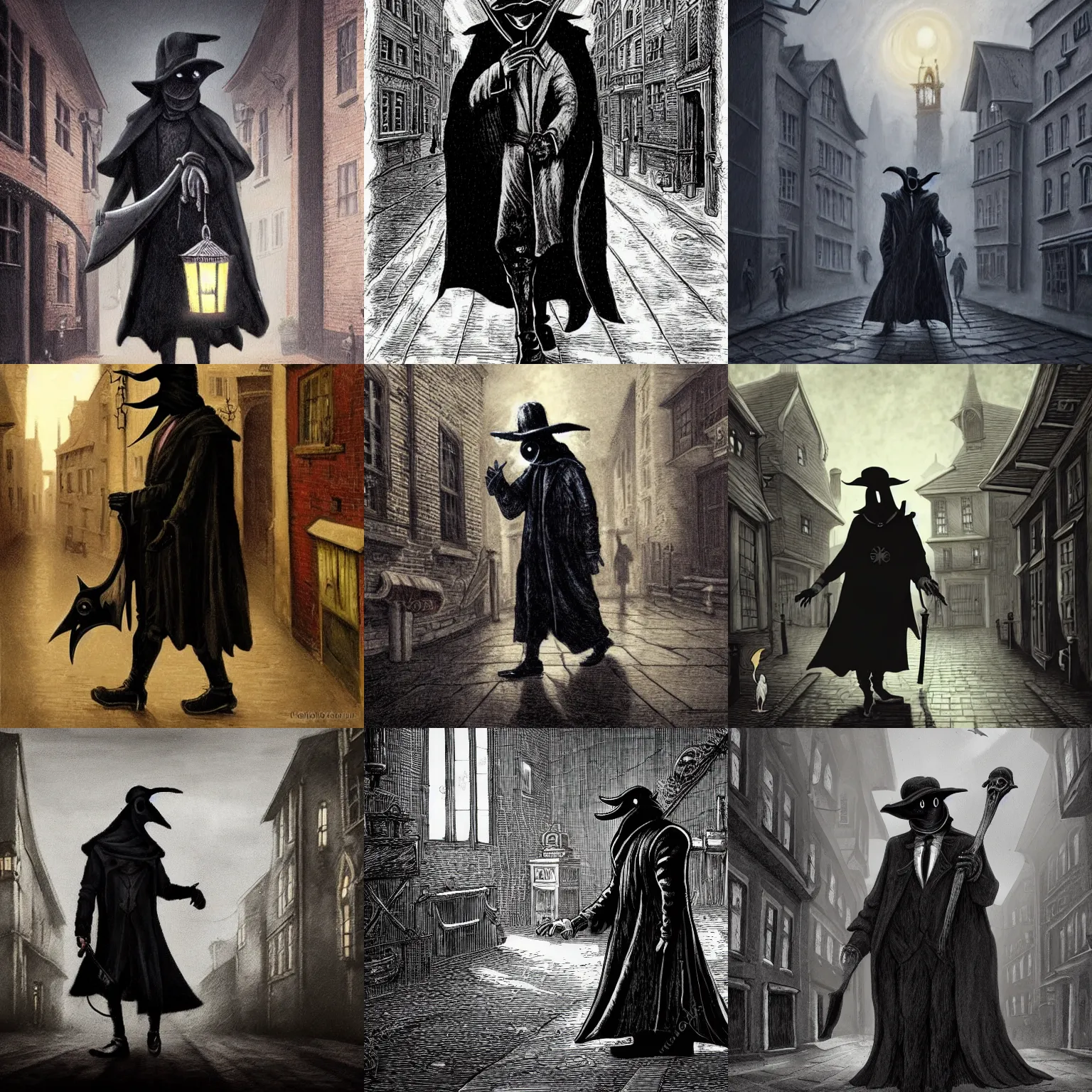 Image similar to a plague doctor walks through a Victorian city, dark atmosphere, detailed, dark Colors