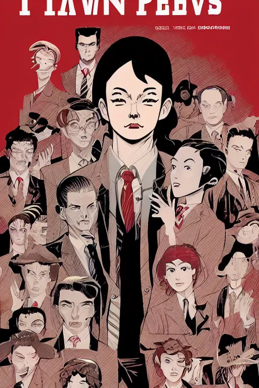 Prompt: twin peaks horror detective manga comic cover, dramatic, the cast forms chevron zig zag pattern, beautifully drawn coherent professional, drawn by ilya kuvshinov, satoshi kon. by tomer hanuka and michael whalen, minimalist stylized cover art, cel shaded