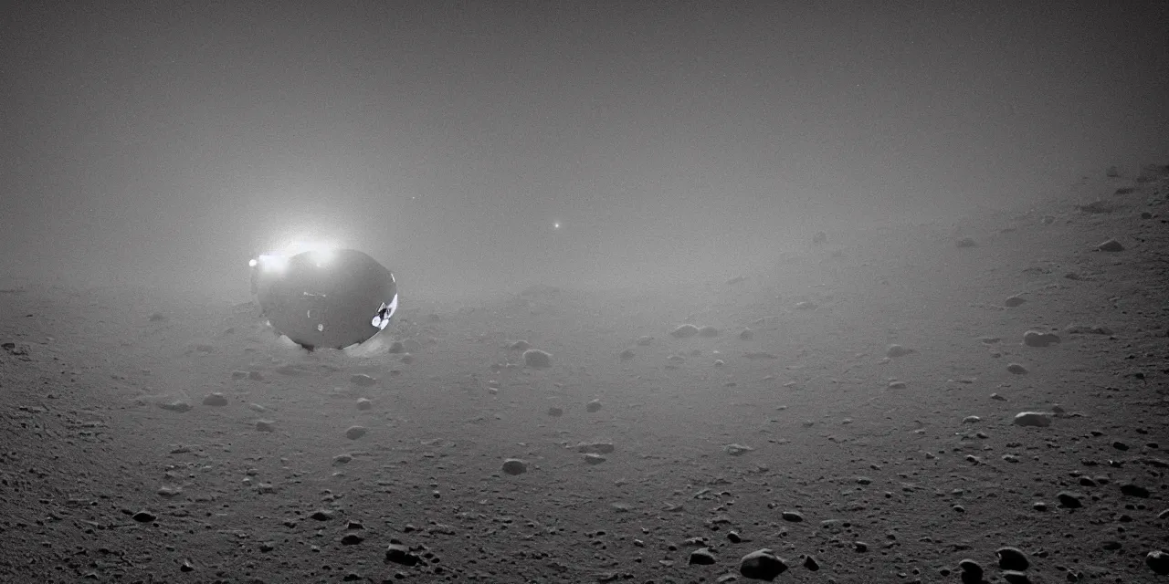 Image similar to ultrawide angle view from the surface of the moon, cinematic film still, film grain, looking up at tall white space, glowing landing lights on spaceship, stars and space in the background, fog and dust, full frame photography