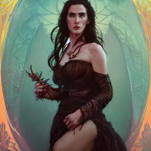 Image similar to Portrait of Jennifer Connelly as a ravaging hellish vampire queen, D&D, attractive and slender, colorful pastel fantasy, intricate, elegant, highly detailed, digital painting, artstation, concept art, smooth, sharp focus, illustration, art by artgerm and greg rutkowski and alphonse mucha