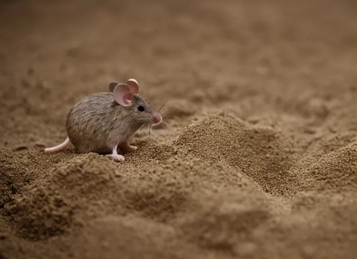 Image similar to dslr photo still of a mouse inside a perfect sandcastle, 8 k, 8 5 mm f 1. 4